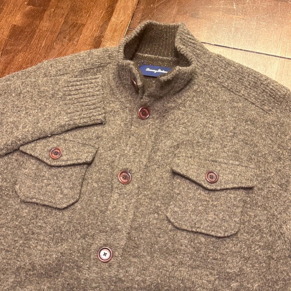 Tommy Bahama Cardigan Shacket M Wool Blend Button Mock Neck Sweater Desert Dunes